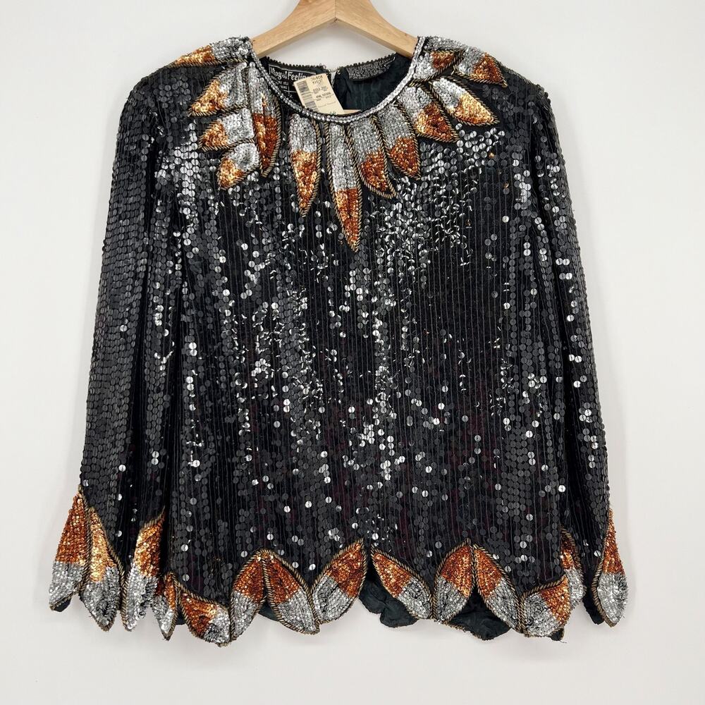 Vintage Royal Feeling Silk Sequin Evening Blouse Top NEW Small Black Silver Glam
